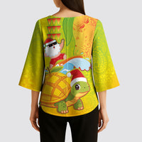 Hawaiian Mango Mele Kalikimaka Kimono Sleeve Blouse Santa Claus Surfing with Turtle Mango Christmas LT03 - Polynesian Pride