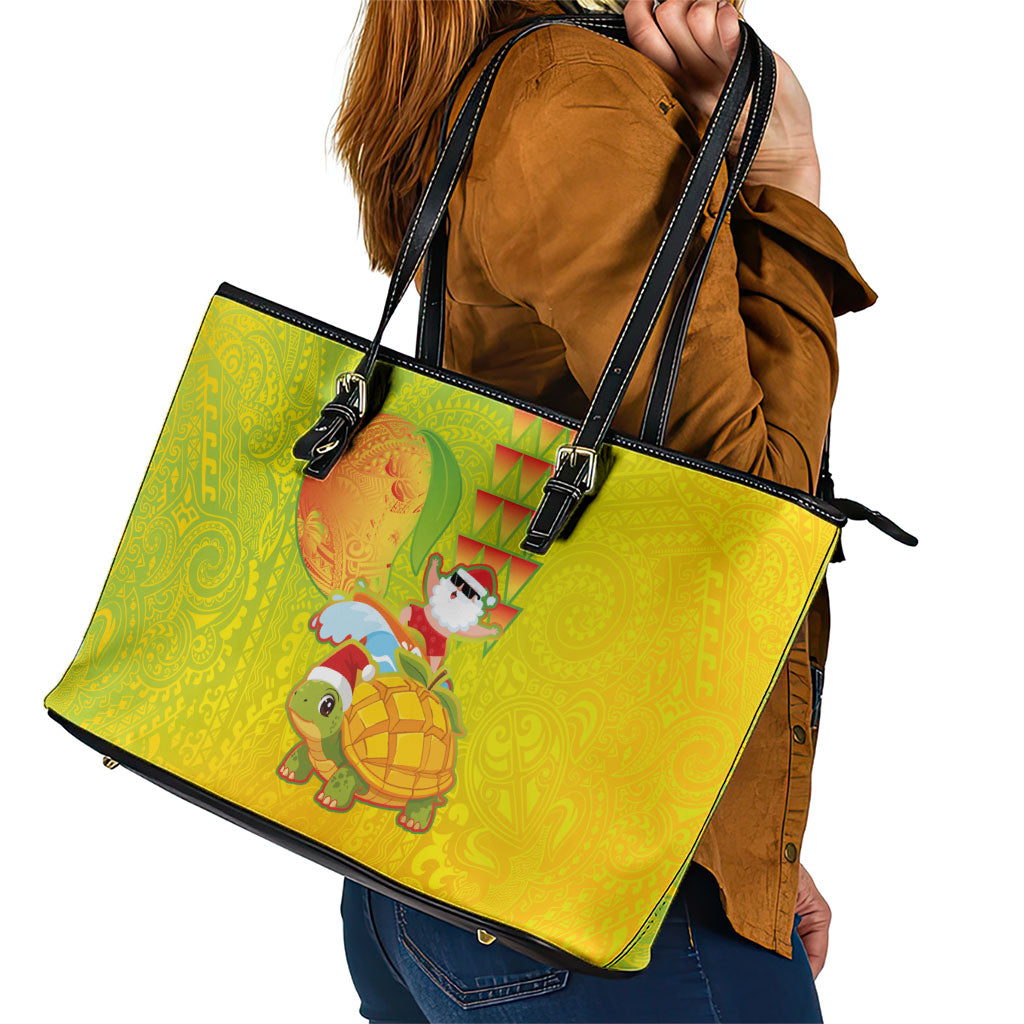 Hawaiian Mango Mele Kalikimaka Leather Tote Bag Santa Claus Surfing with Turtle Mango Christmas LT03 - Polynesian Pride