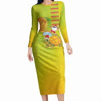 Hawaiian Mango Mele Kalikimaka Long Sleeve Bodycon Dress Santa Claus Surfing with Turtle Mango Christmas LT03 Long Dress Multicolor - Polynesian Pride