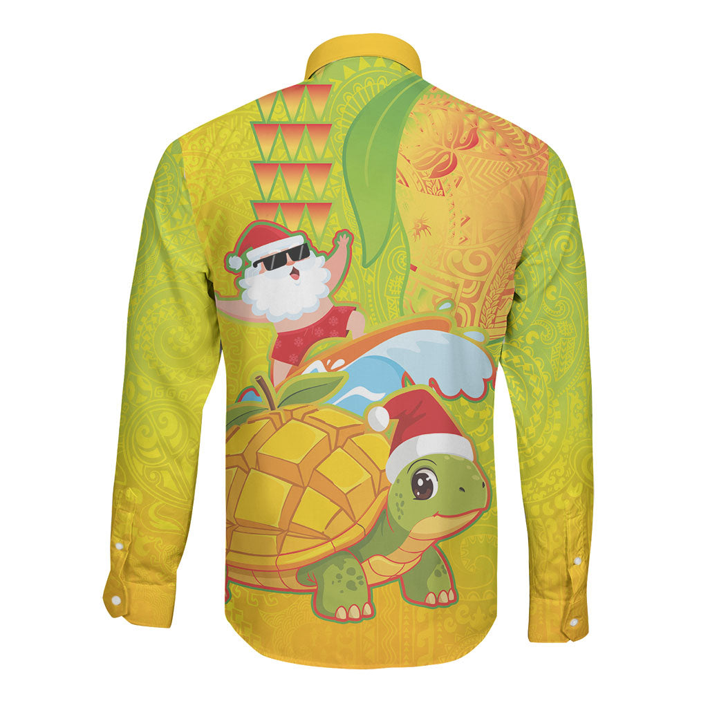 Hawaiian Mango Mele Kalikimaka Long Sleeve Button Shirt Santa Claus Surfing with Turtle Mango Christmas LT03 - Polynesian Pride