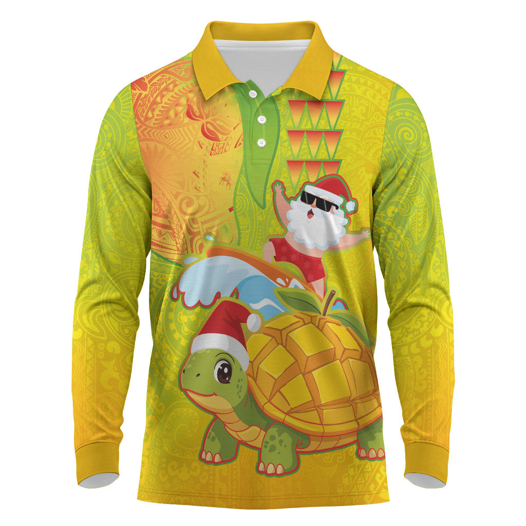 Hawaiian Mango Mele Kalikimaka Long Sleeve Polo Shirt Santa Claus Surfing with Turtle Mango Christmas LT03 Multicolor - Polynesian Pride