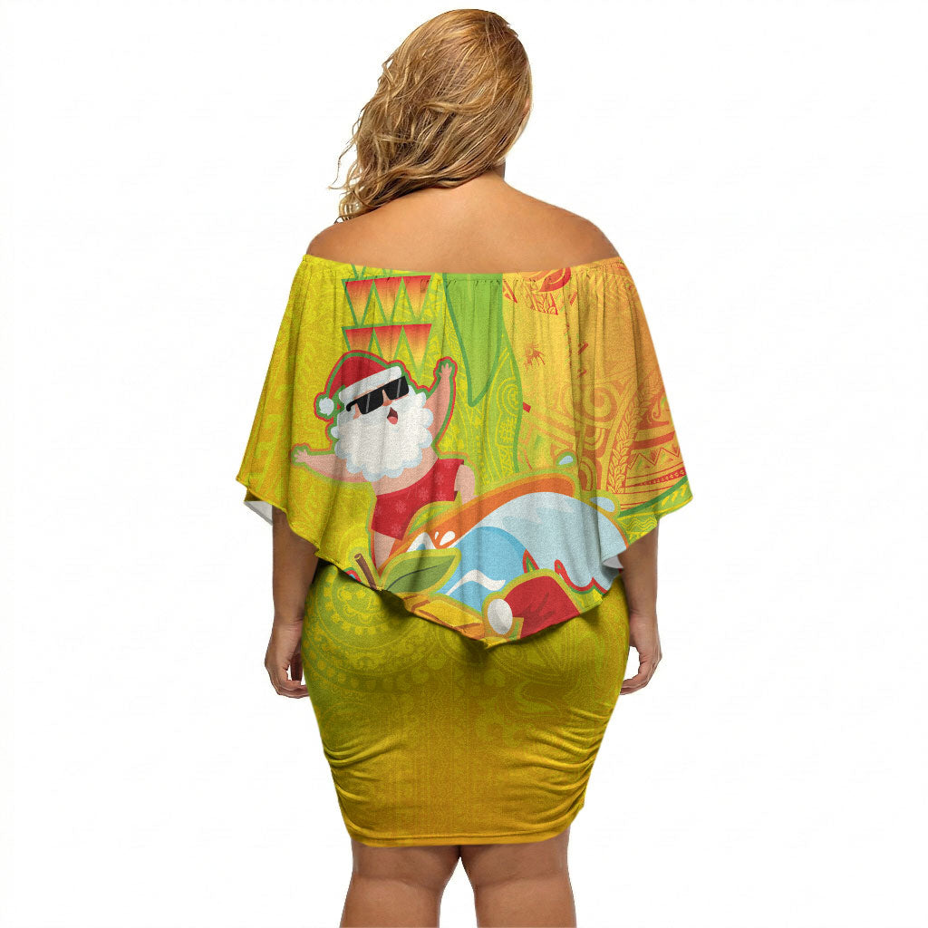 Hawaiian Mango Mele Kalikimaka Off Shoulder Short Dress Santa Claus Surfing with Turtle Mango Christmas LT03 - Polynesian Pride