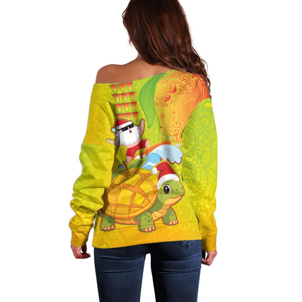 Hawaiian Mango Mele Kalikimaka Off Shoulder Sweater Santa Claus Surfing with Turtle Mango Christmas LT03 - Polynesian Pride