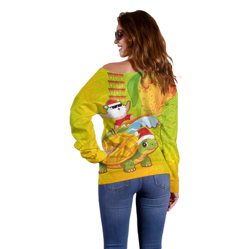 Hawaiian Mango Mele Kalikimaka Off Shoulder Sweater Santa Claus Surfing with Turtle Mango Christmas LT03 - Polynesian Pride