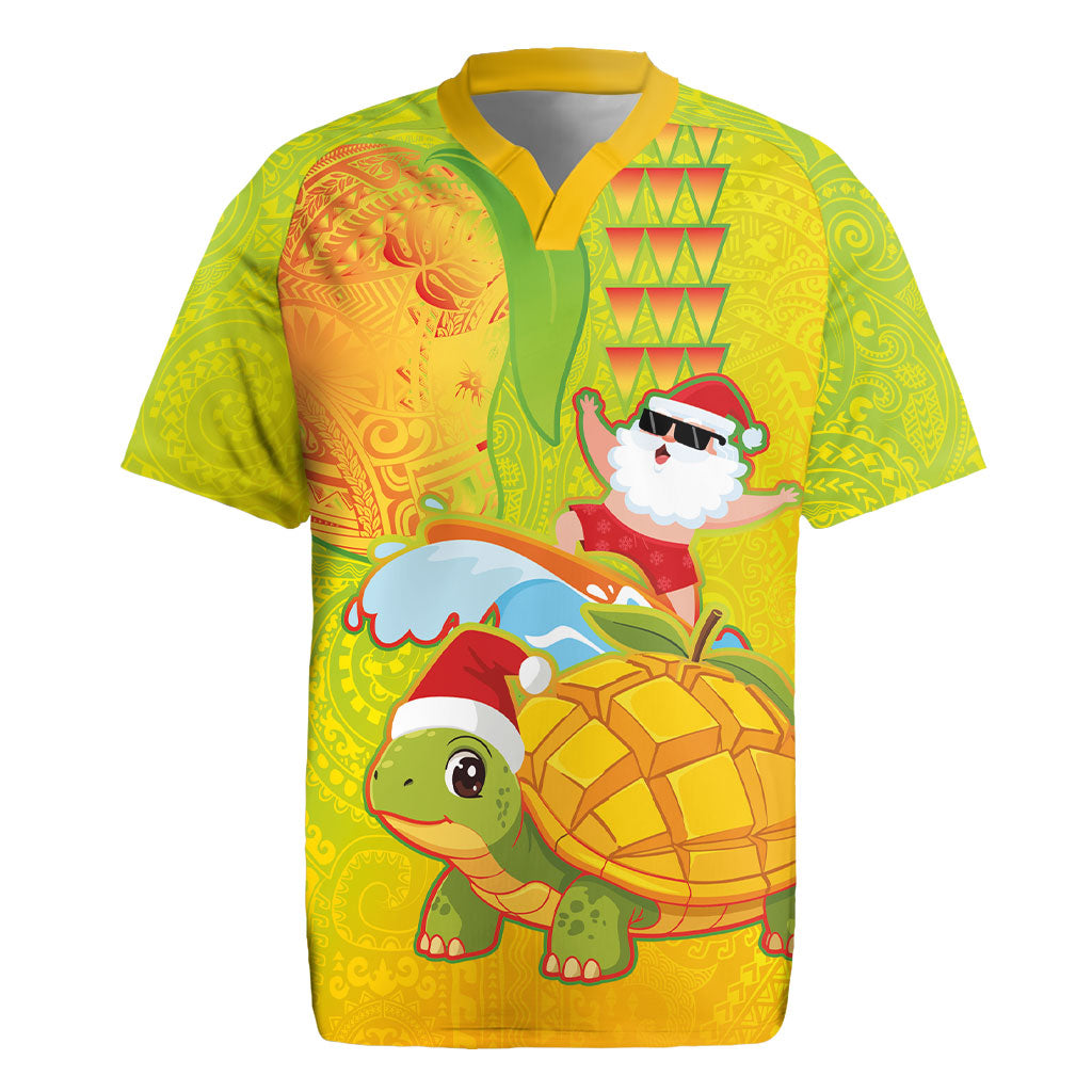 Hawaiian Mango Mele Kalikimaka Rugby Jersey Santa Claus Surfing with Turtle Mango Christmas LT03 Multicolor - Polynesian Pride