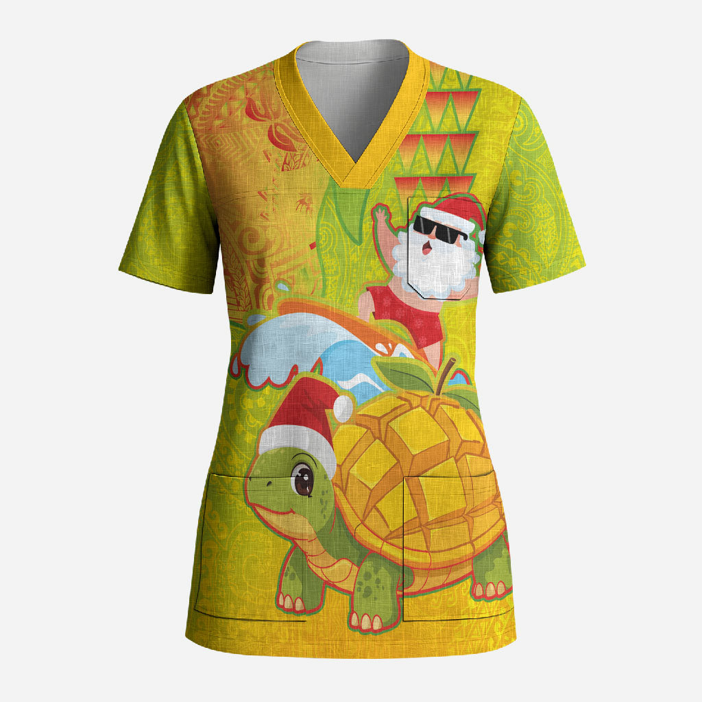 Hawaiian Mango Mele Kalikimaka Scrub Top Santa Claus Surfing with Turtle Mango Christmas LT03 Adult Multicolor - Polynesian Pride