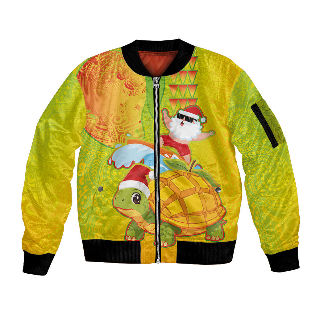 Hawaiian Mango Mele Kalikimaka Sleeve Zip Bomber Jacket Santa Claus Surfing with Turtle Mango Christmas LT03 Unisex Multicolor - Polynesian Pride