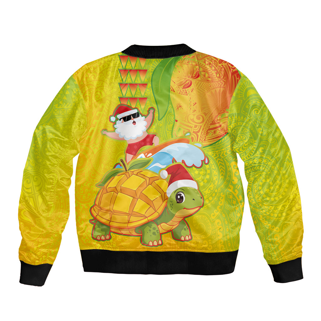 Hawaiian Mango Mele Kalikimaka Sleeve Zip Bomber Jacket Santa Claus Surfing with Turtle Mango Christmas LT03 - Polynesian Pride