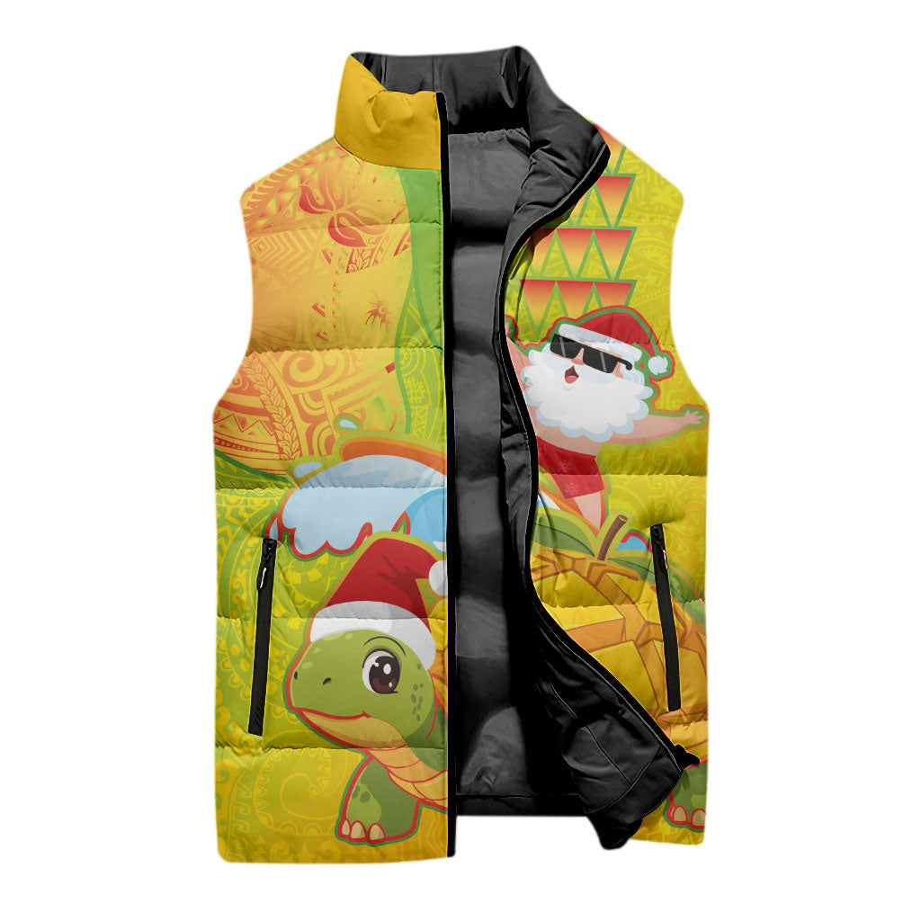 Hawaiian Mango Mele Kalikimaka Sleeveless Puffer Jacket Santa Claus Surfing with Turtle Mango Christmas LT03 - Polynesian Pride