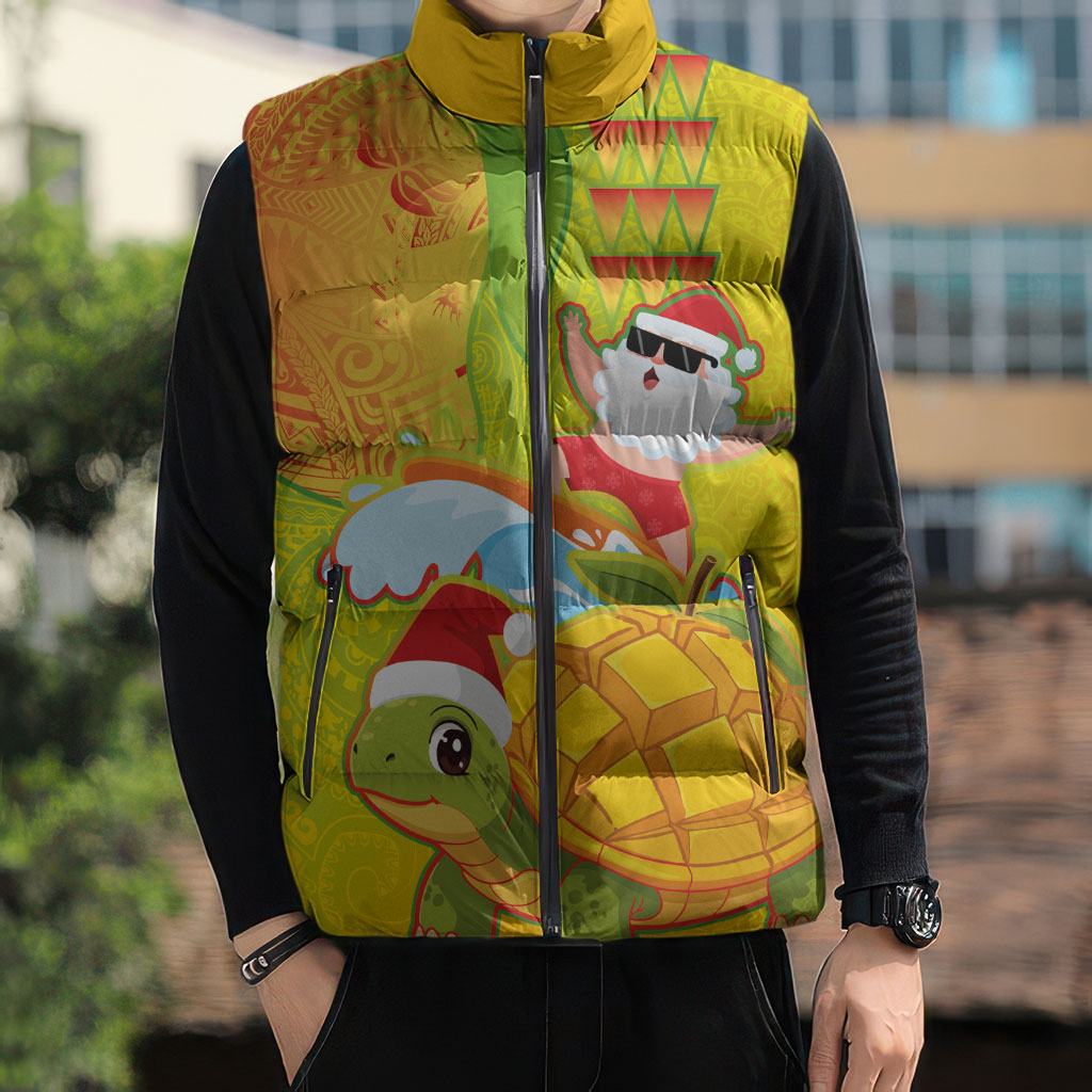 Hawaiian Mango Mele Kalikimaka Sleeveless Puffer Jacket Santa Claus Surfing with Turtle Mango Christmas LT03 - Polynesian Pride