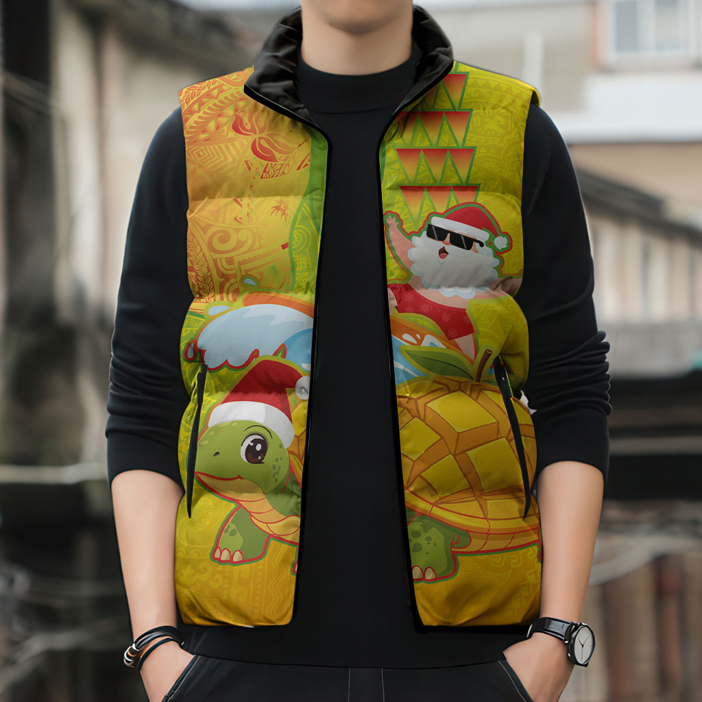 Hawaiian Mango Mele Kalikimaka Sleeveless Puffer Jacket Santa Claus Surfing with Turtle Mango Christmas LT03 - Polynesian Pride