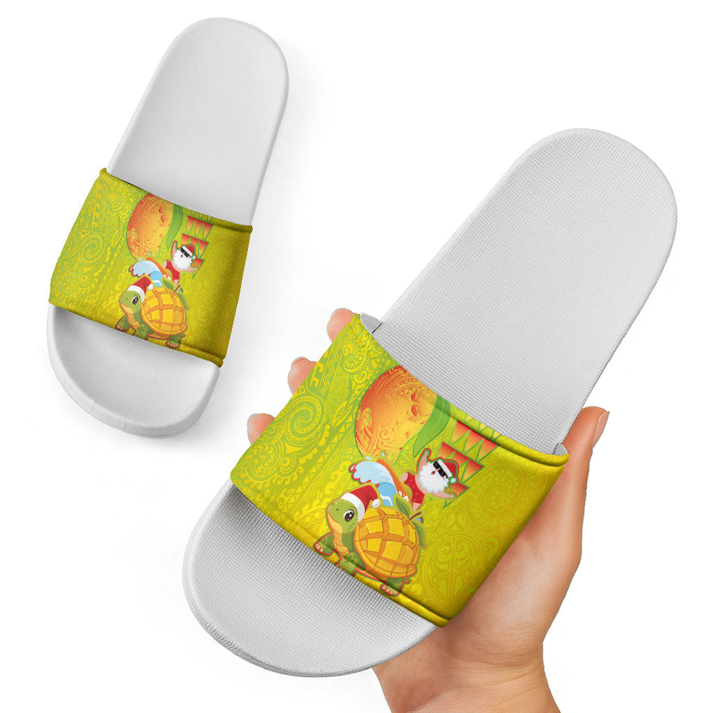 Hawaiian Mango Mele Kalikimaka Slide Sandals Santa Claus Surfing with Turtle Mango Christmas LT03 - Polynesian Pride