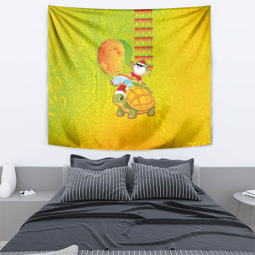 Hawaiian Mango Mele Kalikimaka Tapestry Santa Claus Surfing with Turtle Mango Christmas LT03 - Polynesian Pride