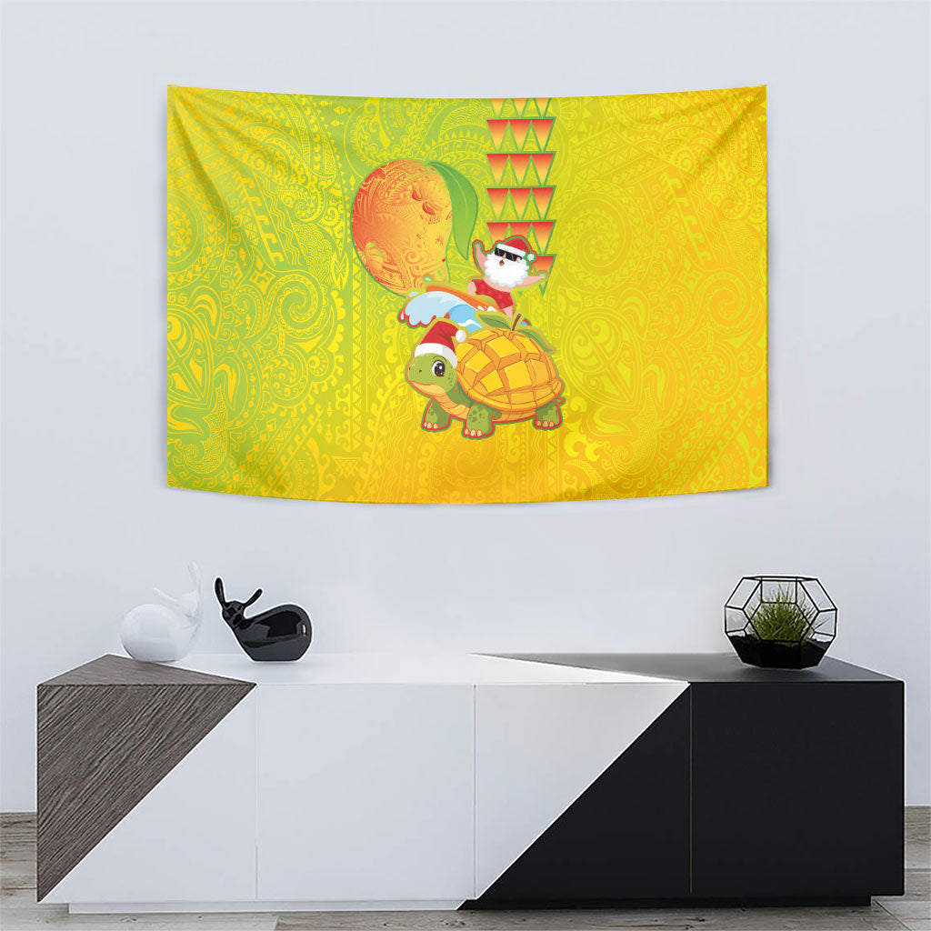 Hawaiian Mango Mele Kalikimaka Tapestry Santa Claus Surfing with Turtle Mango Christmas LT03 - Polynesian Pride