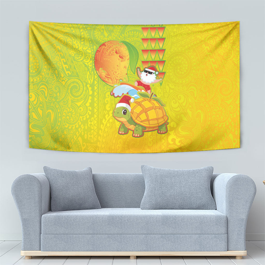 Hawaiian Mango Mele Kalikimaka Tapestry Santa Claus Surfing with Turtle Mango Christmas LT03 - Polynesian Pride