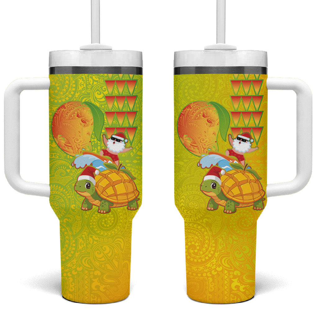 Hawaiian Mango Mele Kalikimaka Tumbler With Handle Santa Claus Surfing with Turtle Mango Christmas LT03 One Size: 40 oz Multicolor - Polynesian Pride