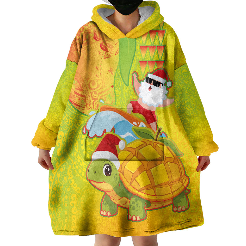 Hawaiian Mango Mele Kalikimaka Wearable Blanket Hoodie Santa Claus Surfing with Turtle Mango Christmas LT03 - Polynesian Pride