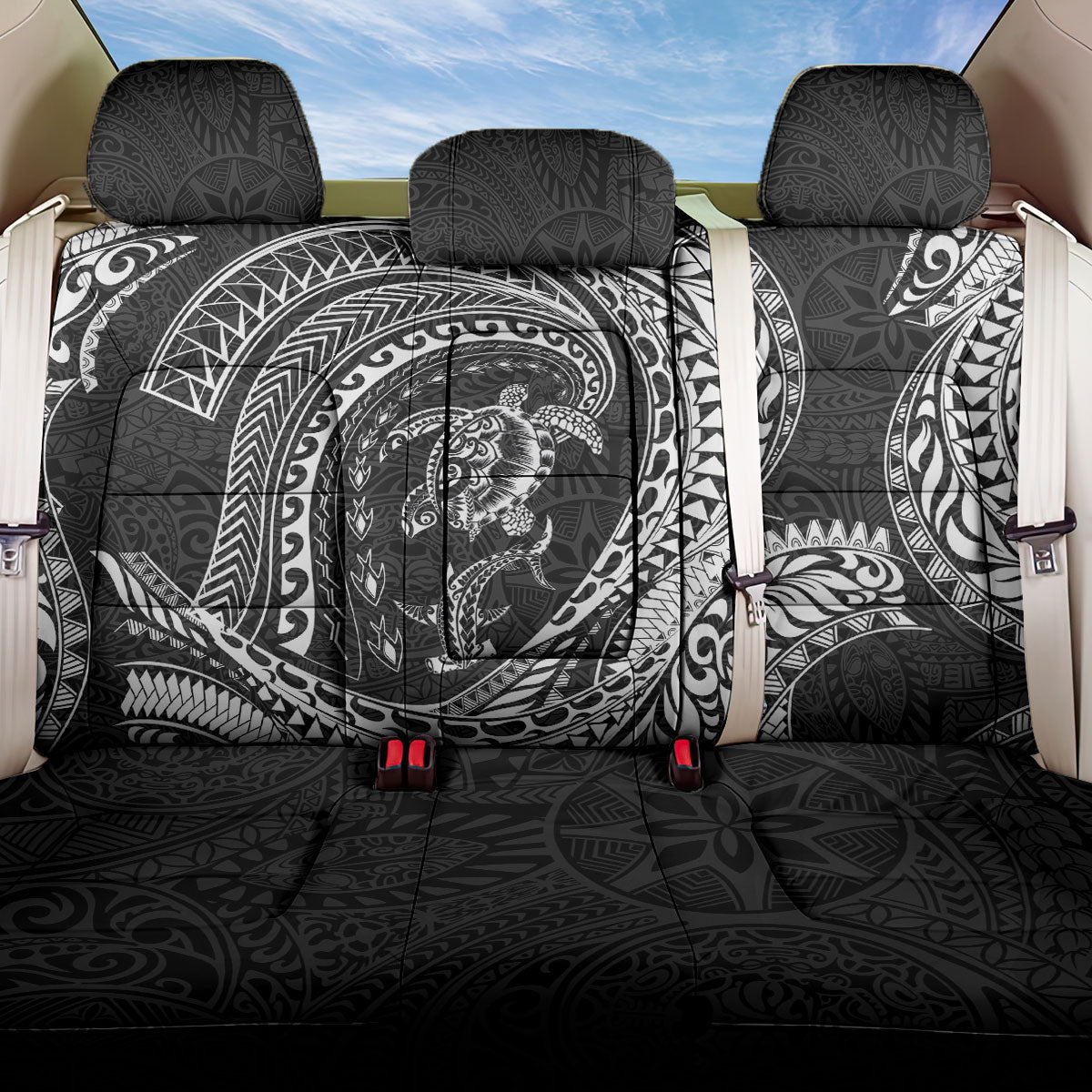 Hawaiian Turtle and Shark Back Car Seat Cover Kakau Tribal with Polynesian Pattern Black Color LT03 One Size Black - Polynesian Pride