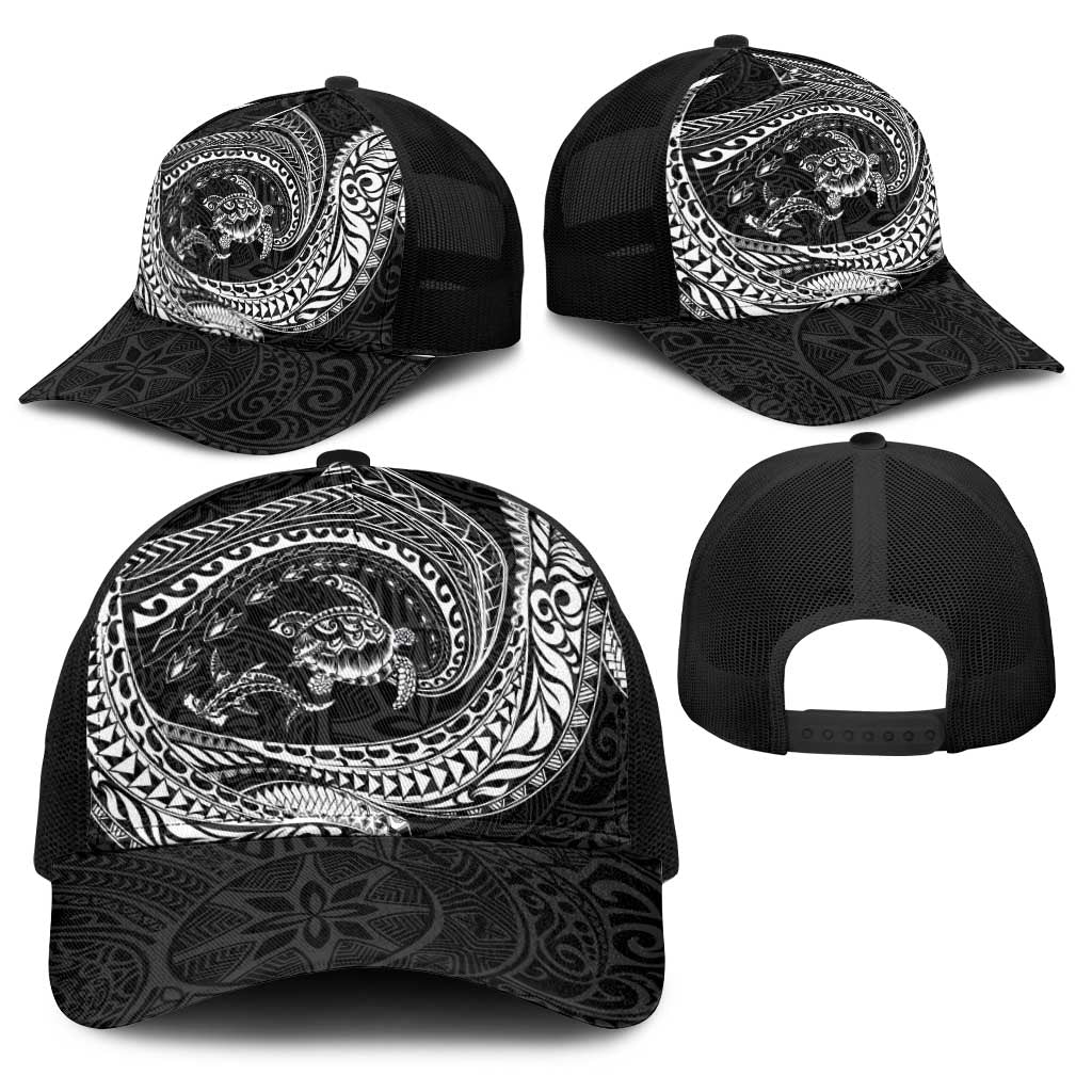Hawaiian Turtle and Shark Baseball Net Cap Kakau Tribal with Polynesian Pattern Black Color LT03 - Polynesian Pride