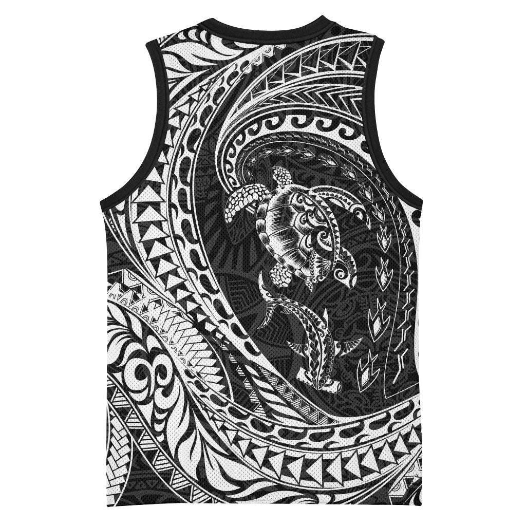 Hawaiian Turtle and Shark Basketball Jersey Kakau Tribal with Polynesian Pattern Black Color LT03 - Polynesian Pride