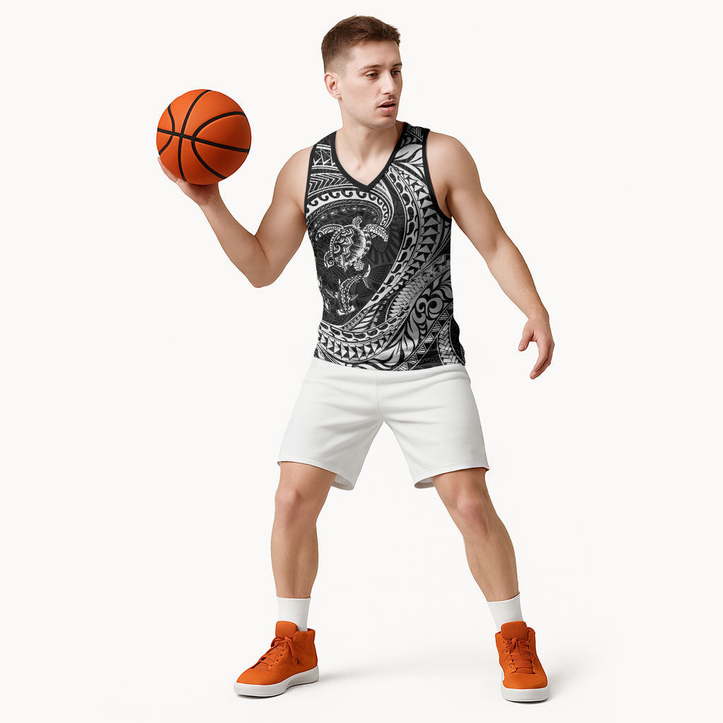 Hawaiian Turtle and Shark Basketball Jersey Kakau Tribal with Polynesian Pattern Black Color LT03 - Polynesian Pride