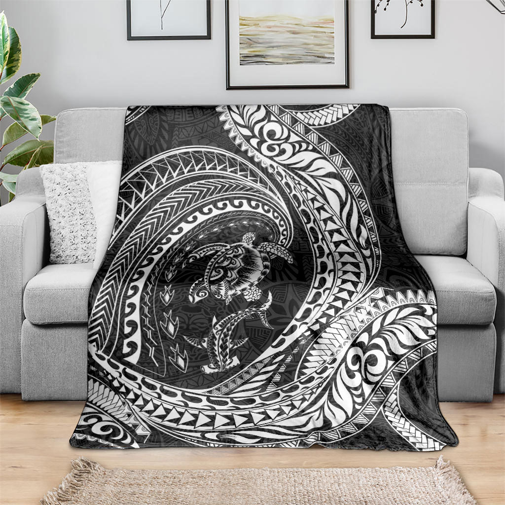 Hawaiian Turtle and Shark Blanket Kakau Tribal with Polynesian Pattern Black Color LT03 - Polynesian Pride