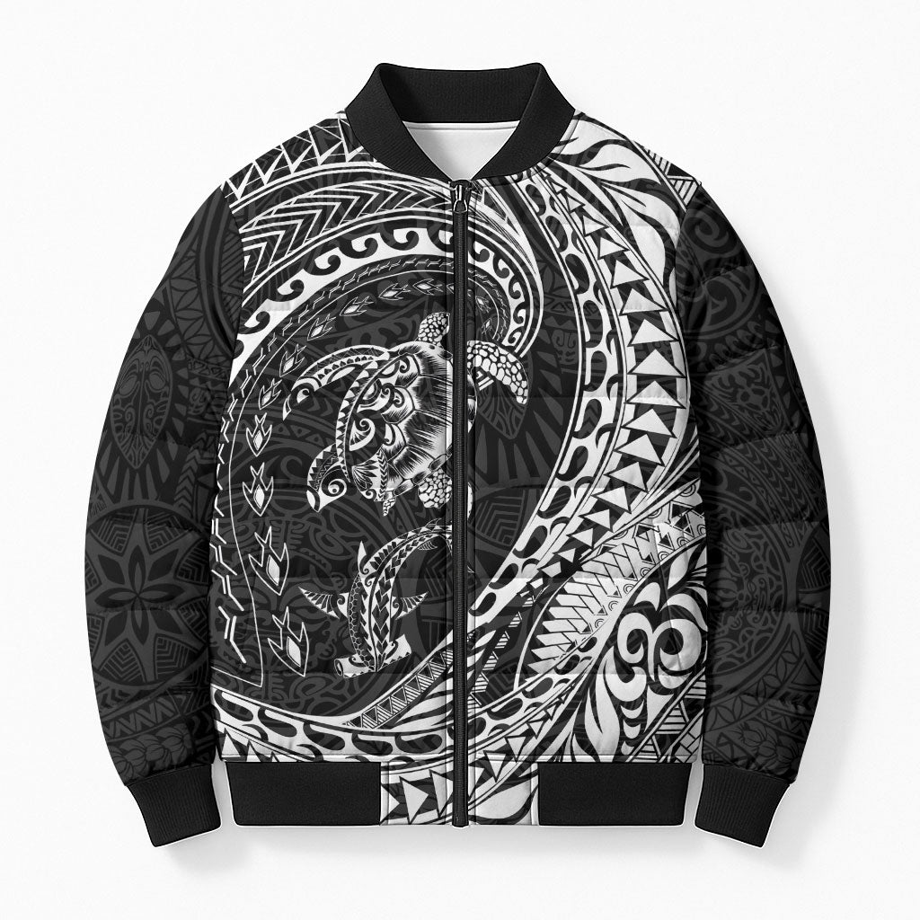 Hawaiian Turtle and Shark Bomber Puffer Jacket Kakau Tribal with Polynesian Pattern Black Color LT03 Unisex Black - Polynesian Pride
