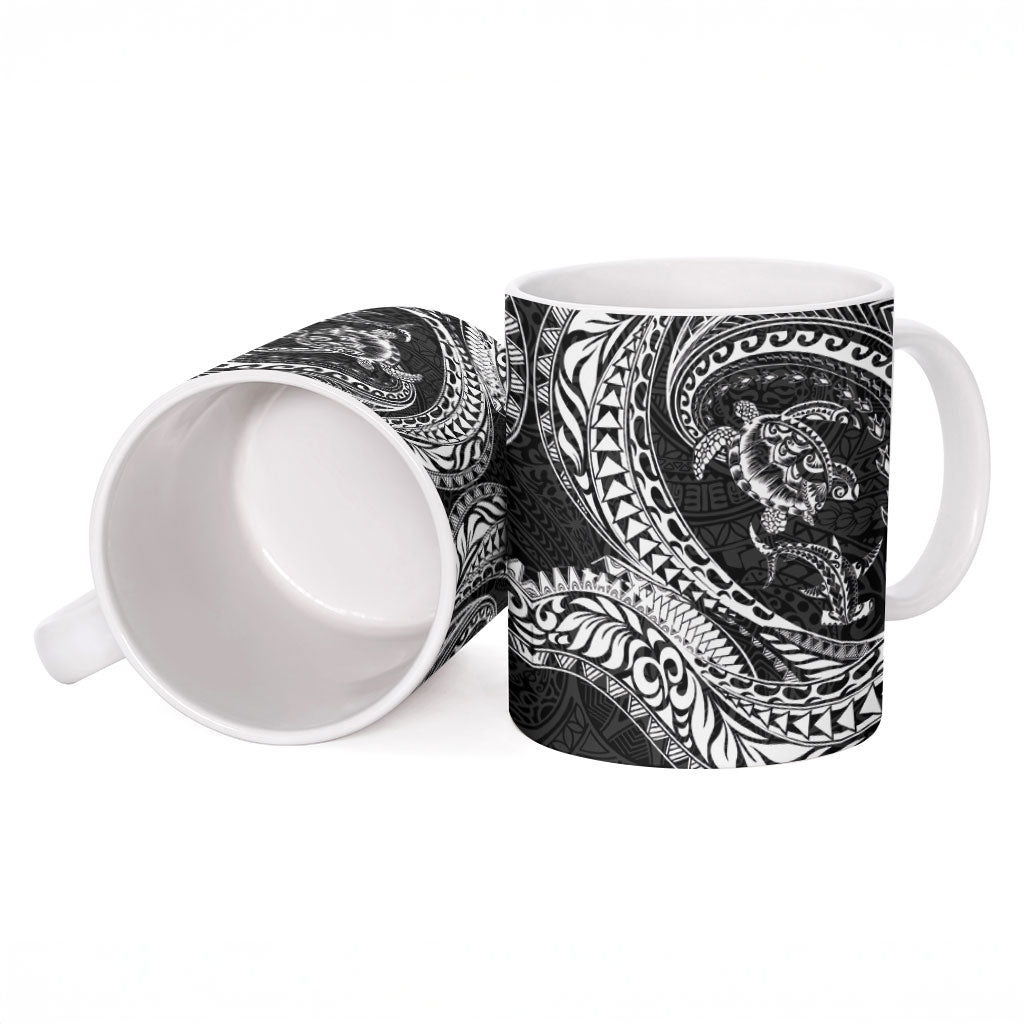 Hawaiian Turtle and Shark Ceramic Mug Kakau Tribal with Polynesian Pattern Black Color LT03 - Polynesian Pride