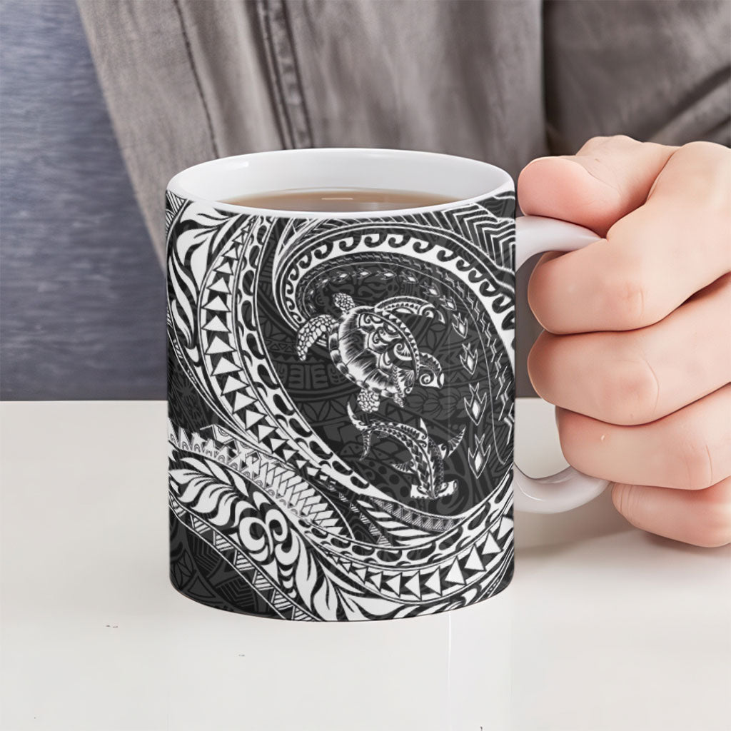 Hawaiian Turtle and Shark Ceramic Mug Kakau Tribal with Polynesian Pattern Black Color LT03 - Polynesian Pride
