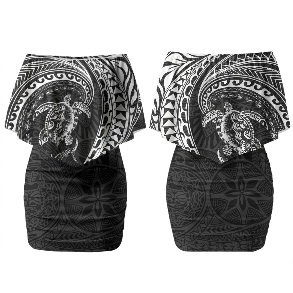 Hawaiian Turtle and Shark Couples Matching Off Shoulder Short Dress and Hawaiian Shirt Kakau Tribal with Polynesian Pattern Black Color LT03 - Polynesian Pride