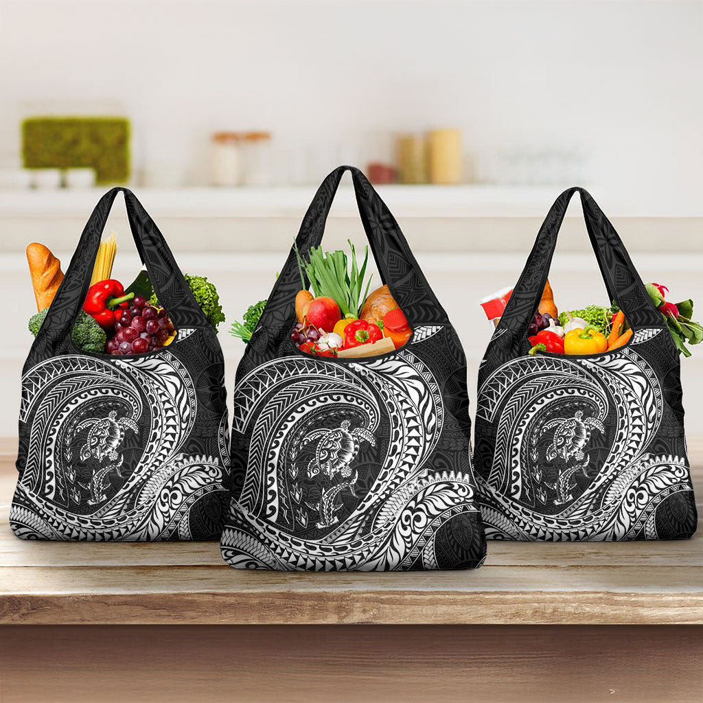 Hawaiian Turtle and Shark Grocery Bag Kakau Tribal with Polynesian Pattern Black Color LT03 3-pack One Size Black - Polynesian Pride