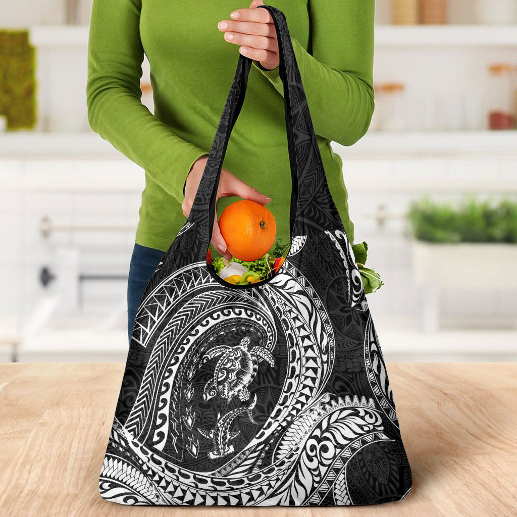 Hawaiian Turtle and Shark Grocery Bag Kakau Tribal with Polynesian Pattern Black Color LT03 - Polynesian Pride
