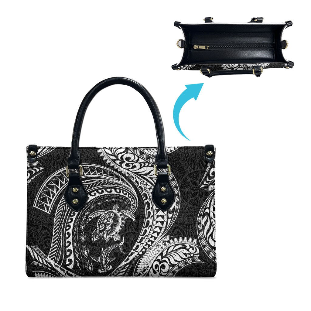 Hawaiian Turtle and Shark Leather Bag Kakau Tribal with Polynesian Pattern Black Color LT03 - Polynesian Pride