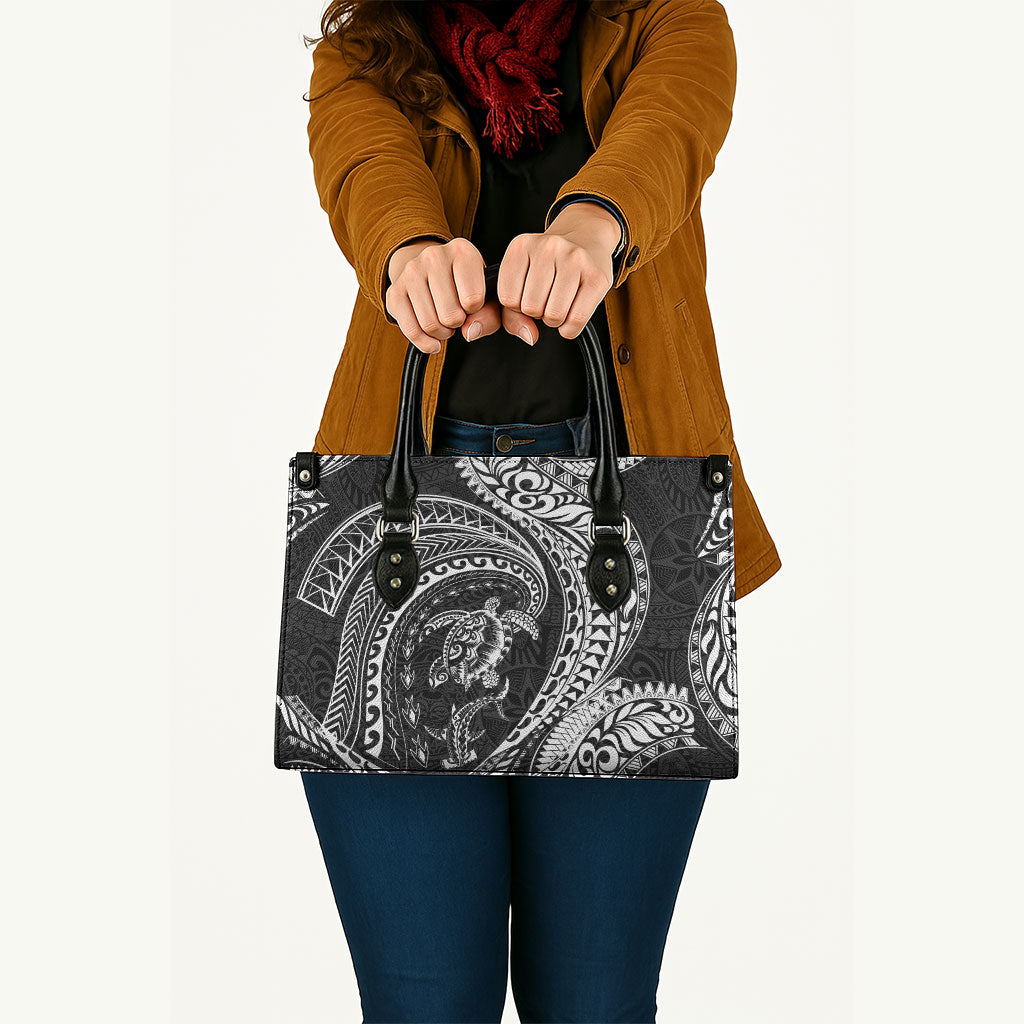 Hawaiian Turtle and Shark Leather Bag Kakau Tribal with Polynesian Pattern Black Color LT03 - Polynesian Pride