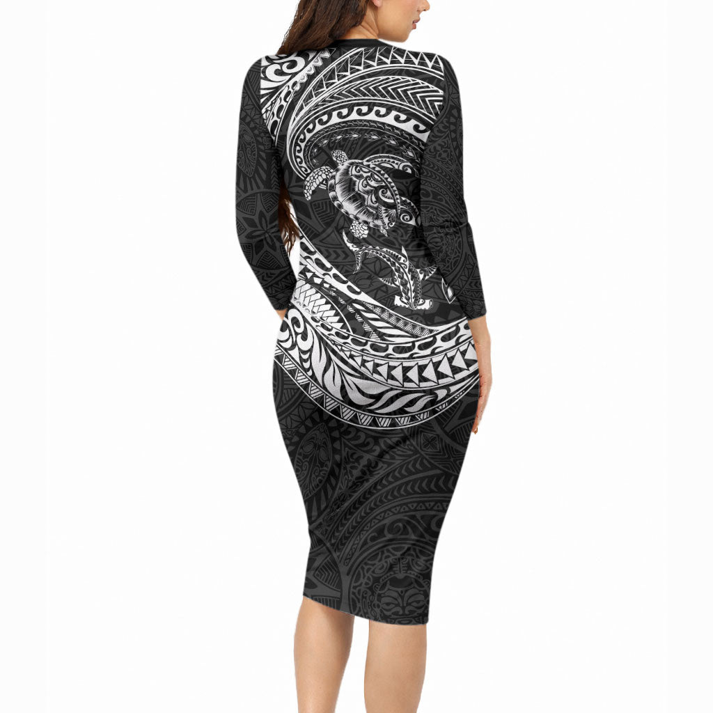 Hawaiian Turtle and Shark Long Sleeve Bodycon Dress Kakau Tribal with Polynesian Pattern Black Color LT03 - Polynesian Pride