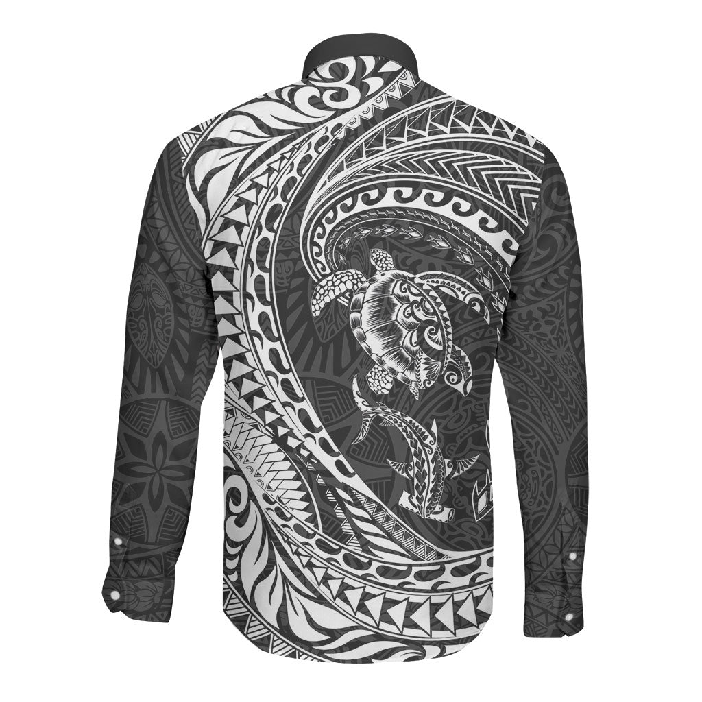 Hawaiian Turtle and Shark Long Sleeve Button Shirt Kakau Tribal with Polynesian Pattern Black Color LT03 - Polynesian Pride
