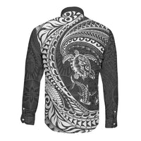 Hawaiian Turtle and Shark Long Sleeve Button Shirt Kakau Tribal with Polynesian Pattern Black Color LT03 - Polynesian Pride