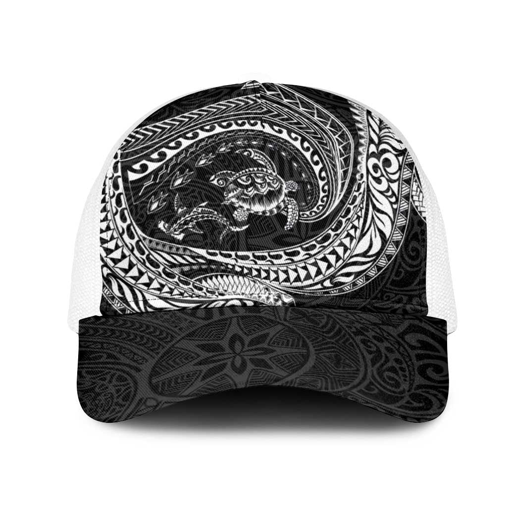 Hawaiian Turtle and Shark Mesh Trucker Cap Kakau Tribal with Polynesian Pattern Black Color LT03 One Size White Black - Polynesian Pride