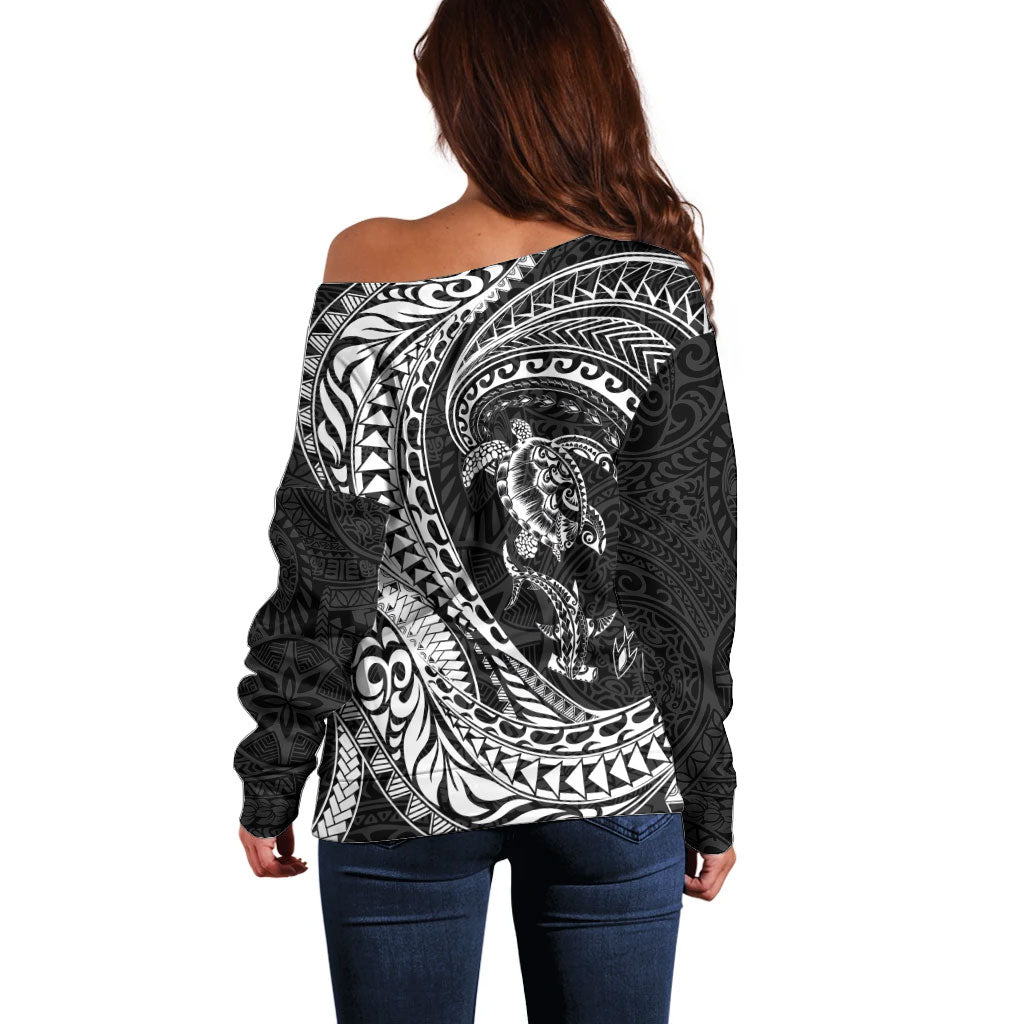 Hawaiian Turtle and Shark Off Shoulder Sweater Kakau Tribal with Polynesian Pattern Black Color LT03 - Polynesian Pride