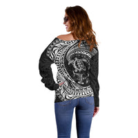 Hawaiian Turtle and Shark Off Shoulder Sweater Kakau Tribal with Polynesian Pattern Black Color LT03 - Polynesian Pride