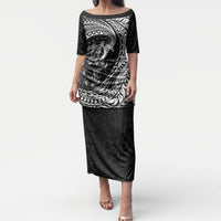 Hawaiian Turtle and Shark Puletasi Kakau Tribal with Polynesian Pattern Black Color LT03 Long Dress Black - Polynesian Pride