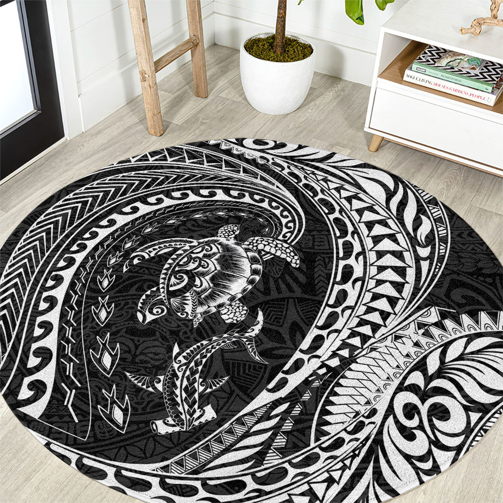 Hawaiian Turtle and Shark Round Carpet Kakau Tribal with Polynesian Pattern Black Color LT03 Black - Polynesian Pride