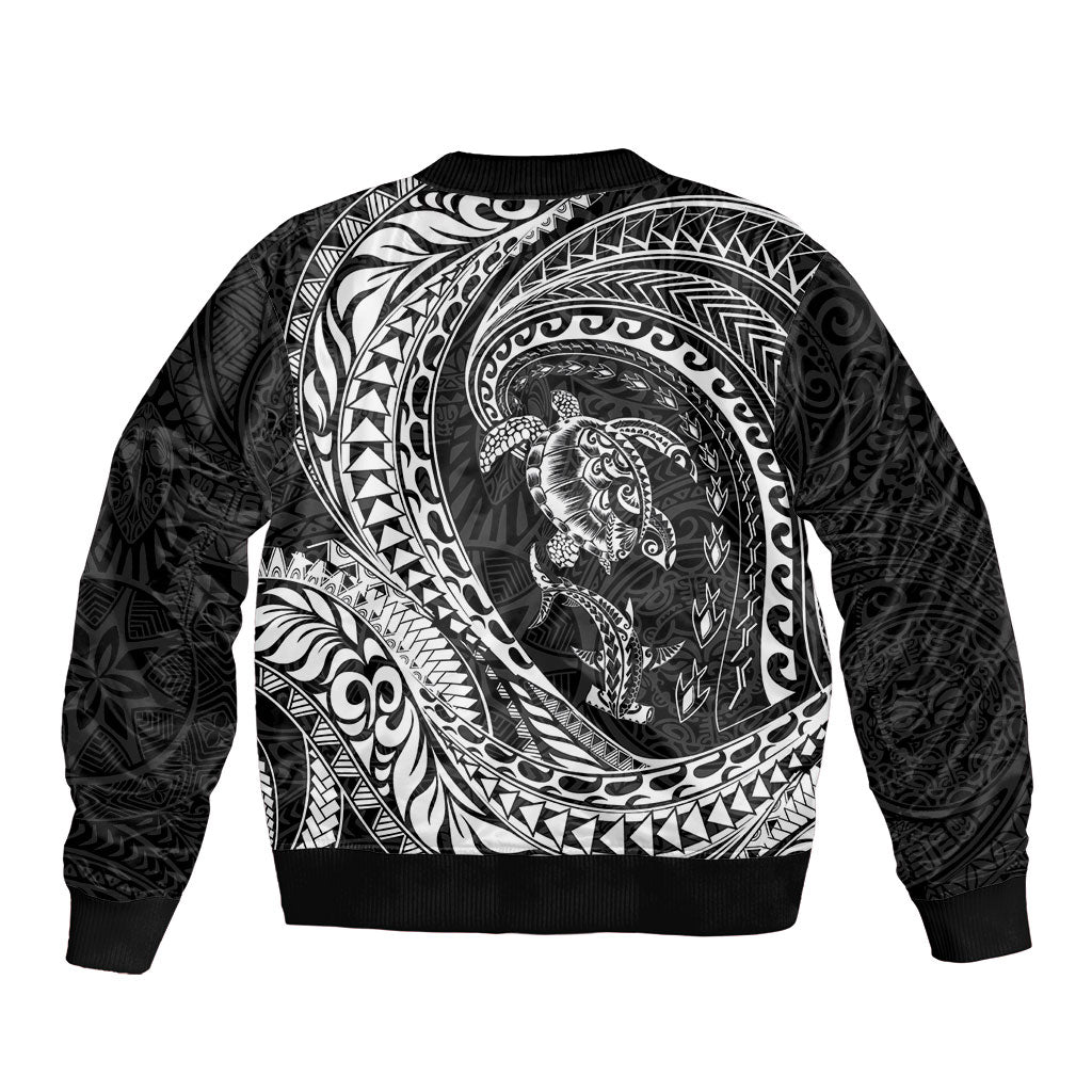 Hawaiian Turtle and Shark Sleeve Zip Bomber Jacket Kakau Tribal with Polynesian Pattern Black Color LT03 - Polynesian Pride