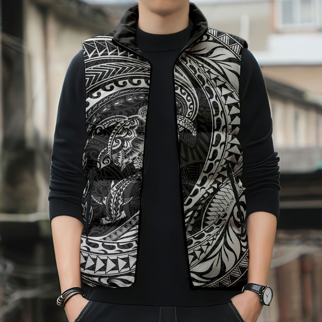 Hawaiian Turtle and Shark Sleeveless Puffer Jacket Kakau Tribal with Polynesian Pattern Black Color LT03 - Polynesian Pride