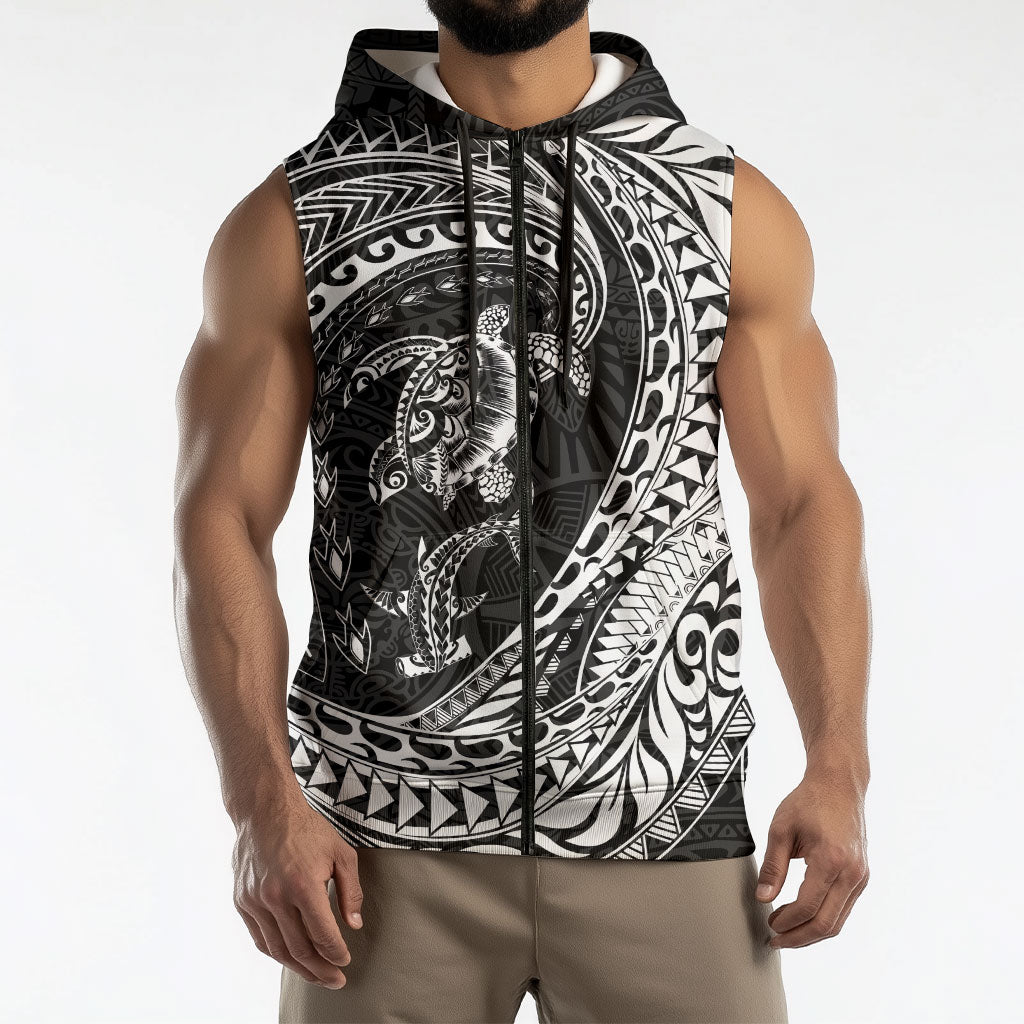 Hawaiian Turtle and Shark Sleeveless Zip Hoodie Kakau Tribal with Polynesian Pattern Black Color LT03 - Polynesian Pride