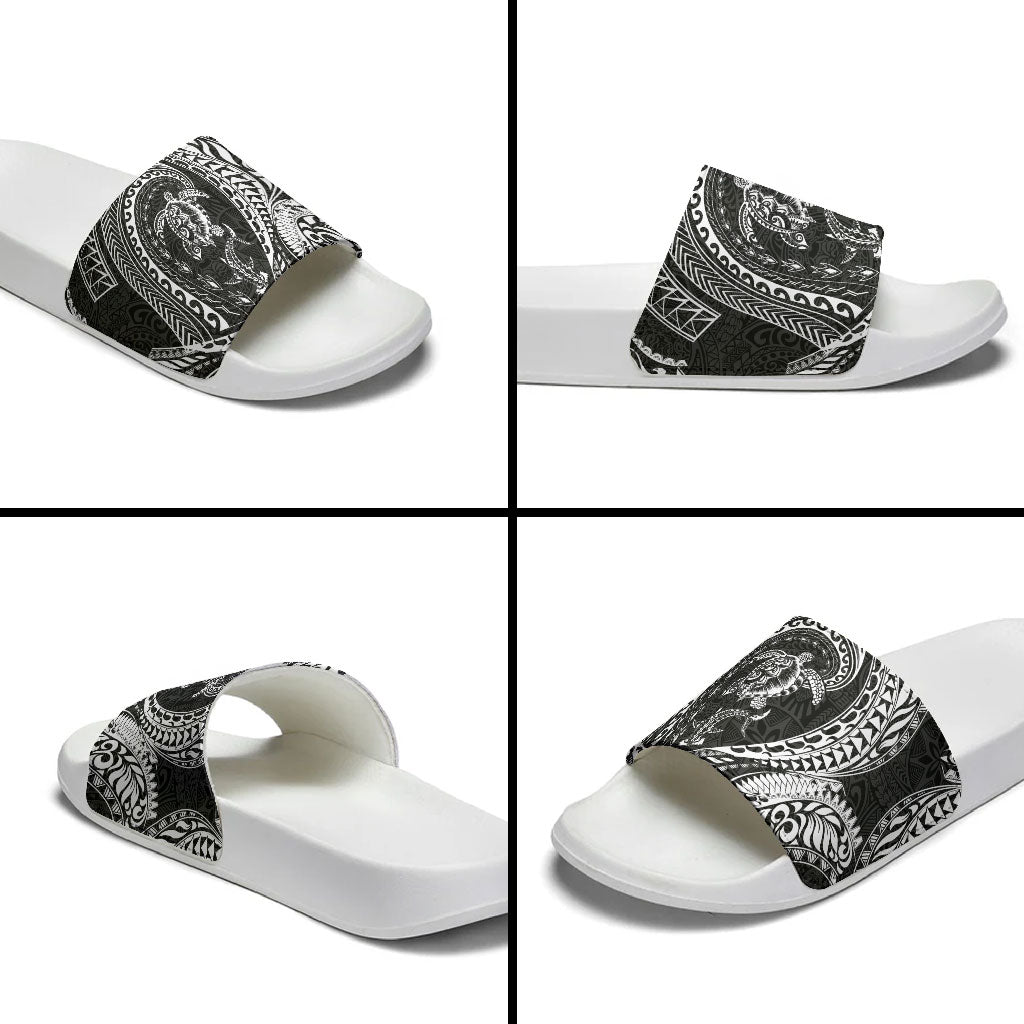 Hawaiian Turtle and Shark Slide Sandals Kakau Tribal with Polynesian Pattern Black Color LT03 - Polynesian Pride