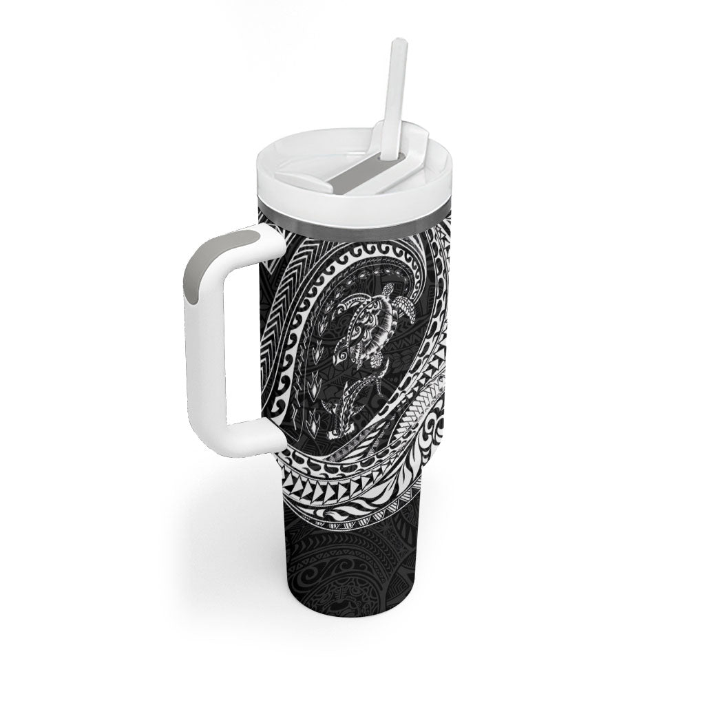 Hawaiian Turtle and Shark Tumbler With Handle Kakau Tribal with Polynesian Pattern Black Color LT03 - Polynesian Pride