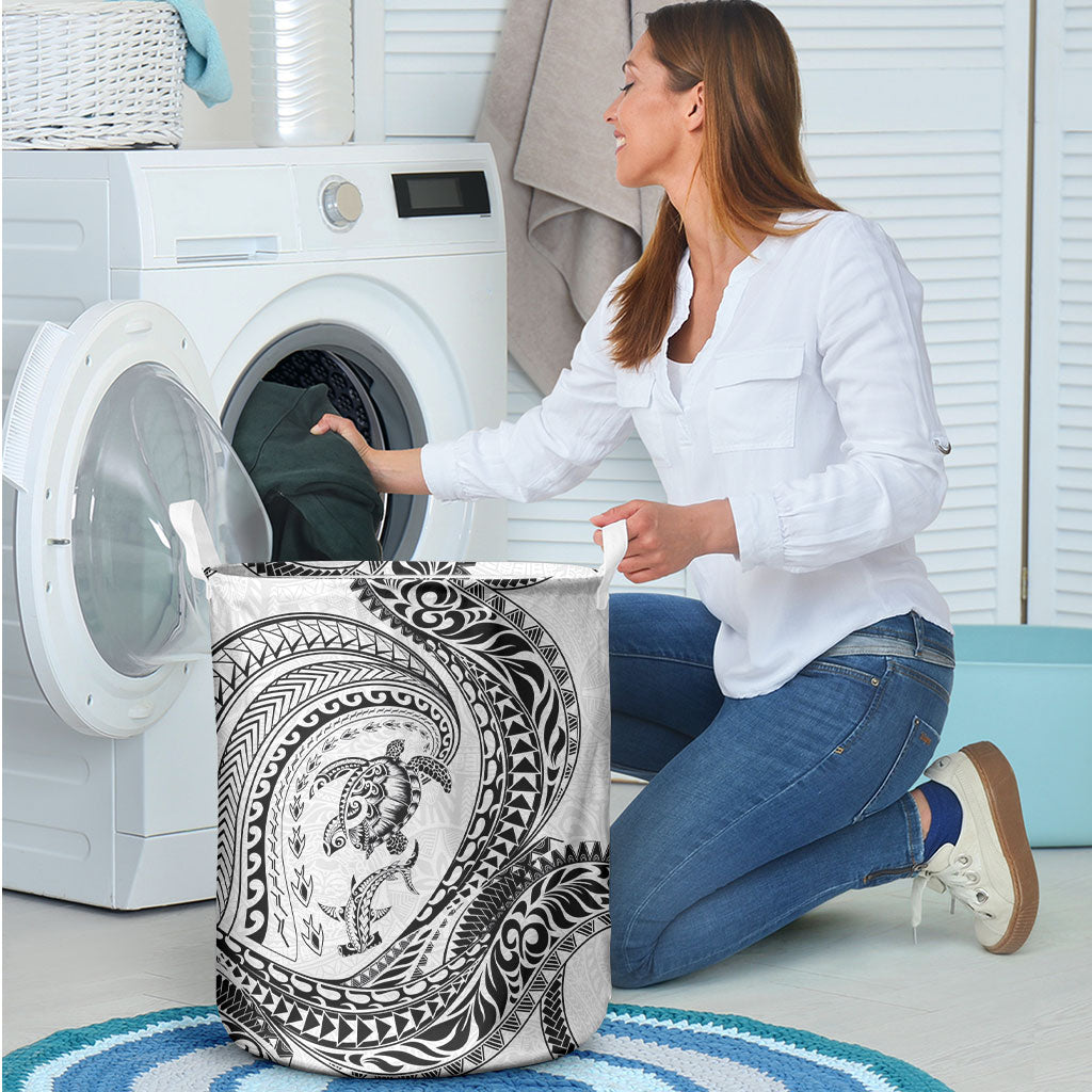 Hawaiian Turtle and Shark Laundry Basket Kakau Tribal with Polynesian Pattern White Color LT03 - Polynesian Pride