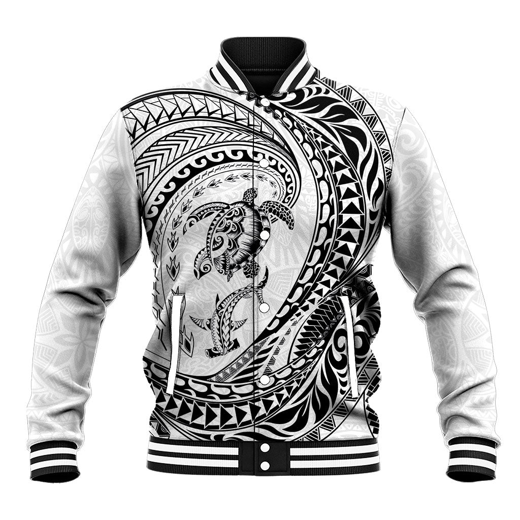 Hawaiian Turtle and Shark Baseball Jacket Kakau Tribal with Polynesian Pattern White Color LT03 Unisex White - Polynesian Pride