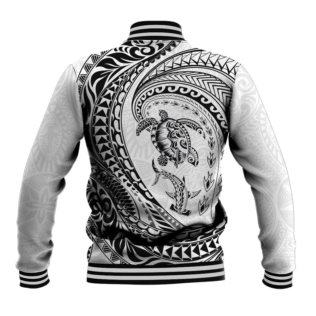 Hawaiian Turtle and Shark Baseball Jacket Kakau Tribal with Polynesian Pattern White Color LT03 - Polynesian Pride